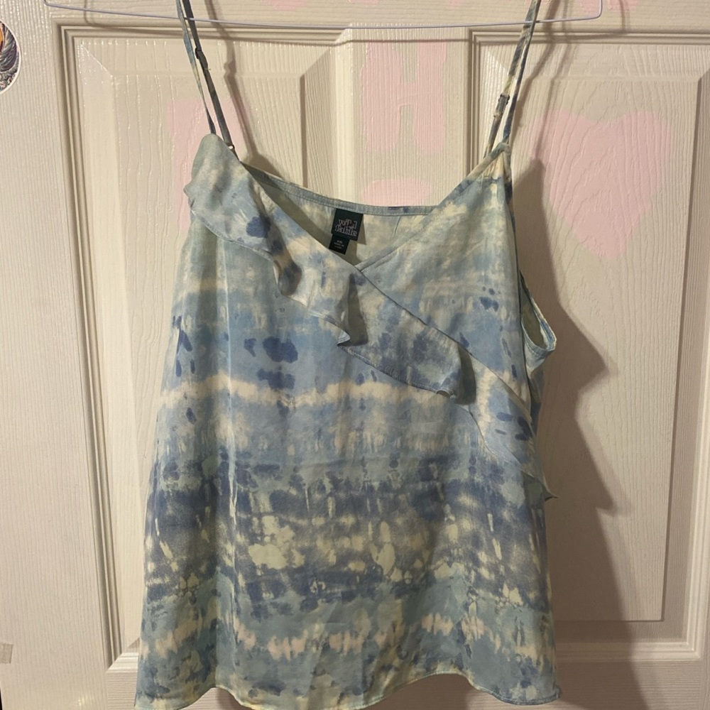 Blue and green tank top with crossover ruffles